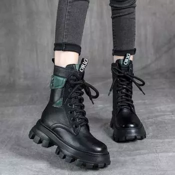 Ботинки «Локомотив» Ботинки «Мартин» Женские короткие ботинки в стиле ретро Красивые кожаные ботинки с застежкой-молнией сбоку, шнуровкой и толстой подошвой, увеличивающие голенище 35