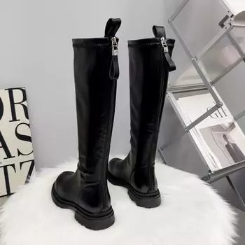 Ботинки Майяра, женские весенние и осенние сапоги, толстые ноги, толстые сапоги Mm Fat Sister, сапоги на плоской подошве, высокие сапоги из кожи для женщин 36 чёрный