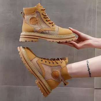 Ботинки «Мартенс», новые женские ботинки из тонкой полой сетки, дышащие короткие сапоги на плоской подошве, устойчивые к ударам желтые сапоги из натуральной кожи 34