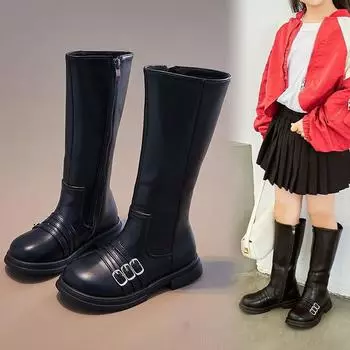 Ботинки Martin для девочек, осенне-зимние, новые стильные детские длинные сапоги, высокие сапоги принцессы, модные кожаные сапоги для девочек 27 чёрный