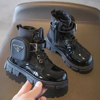 Ботинки Martin для девочек, осенние новые одинарные ботинки, модные короткие ботинки для девочек в британском стиле, маленькие сумки, детские кожаные ботинки 21 чёрный