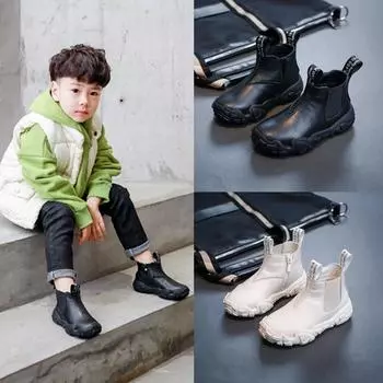 Ботинки Martin для мальчиков, новинка осени и зимы, детские короткие ботинки из коровьей кожи с плюшем, хлопковые детские зимние ботинки из хлопка для девочек 26 чёрный