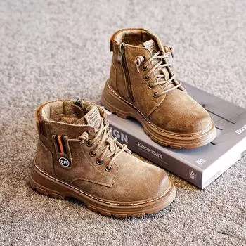 Ботинки Martin для мальчиков, осенне-зимние, повседневные, с мягкой подошвой, новые корейские, детские короткие ботинки из коровьей кожи, модные хлопковые ботинки для мальчиков 26 чёрный