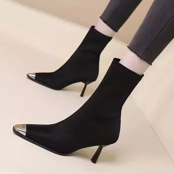Ботинки martin для женщин, новые черные ботинки на высоком каблуке с острым носком и эластичной резинкой, модные женские ботинки на тонком каблуке 35