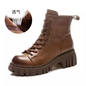 Ботинки Мартин из коровьей кожи первого слоя женские 2025 осень новые ретро британский стиль ботинки женские повседневные на платформе короткие ботинки корейские 35 коричневый