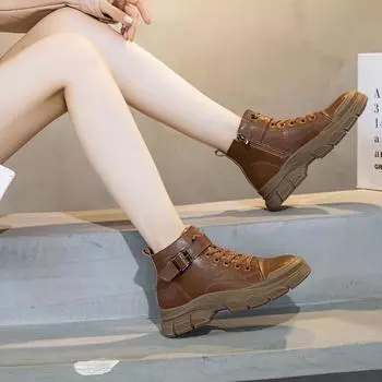 Ботинки Martin из кожи с круглой пряжкой, однотонные, в стиле ретро, универсальные, для женщин больших размеров, осень-зима 35 чёрный