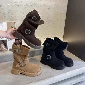 Ботинки Martin из кожи с металлической пряжкой, женские ковбойские сапоги на платформе в стиле вестерн, короткие сапоги в стиле ретро на толстом каблуке, многослойные сапоги 34