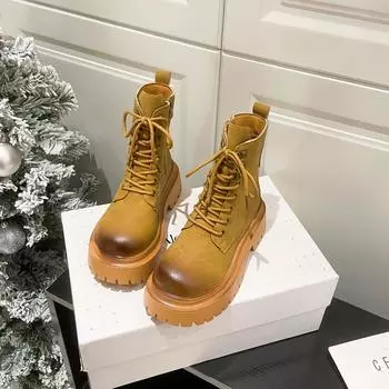 Ботинки Martin из мягкой британской кожи с круглым каблуком и полированным ремешком. Женские короткие ботинки на толстой подошве и среднем каблуке. 35 жёлтый