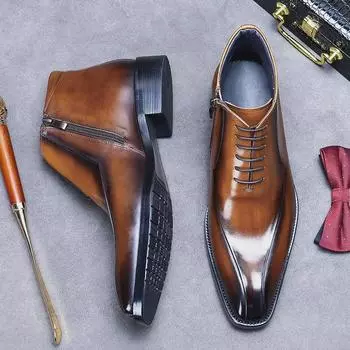 Ботинки Martin из натуральной кожи British Zipper Boots - модные формальные короткие сапоги с острым носком и высоким берцем 43 коричневый