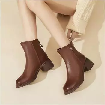 Ботинки Martin из натуральной мягкой кожи женские, осень-зима 2024 года, новые, с круглым носком, толстый каблук, мягкая подошва, кожаные ботинки, удобные, универсальные, бархатные, маленькие 35 темно-коричневого