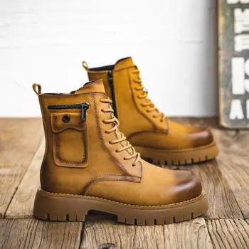 Ботинки Martin мужские высокие в британском стиле ретро средней высоты Туфли-туфли на осенней платформе кожаные повседневные ботинки из кожи Ботинки-пустыни 38 жёлтый