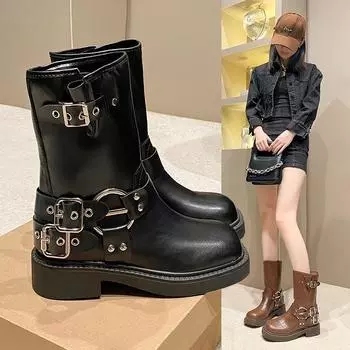 Ботинки Martin на грубом каблуке для женщин, короткие ботинки в стиле ретро с квадратным носком и рукавами, ковбойские сапоги в стиле вестерн, рыцарские сапоги 35 чёрный
