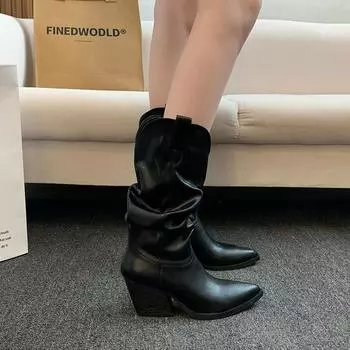 Ботинки Martin на каблуке женские 2024 осень новые модные ковбойские ботинки рыцарские остроносые средние женские ботинки 34 чёрный