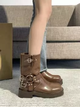 Ботинки Martin на каблуке женские 2025 года в британском стиле в стиле ретро с квадратной головкой короткие сапоги рукава ковбойские сапоги в стиле вестерн рыцарские сапоги 35 чёрный