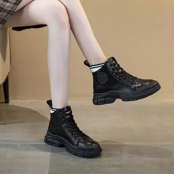 Ботинки Martin на толстой подошве с круглым носком, удобные кожаные женские туфли 35 чёрный