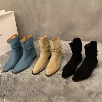Ботинки Martin на толстой подошве Женские ковбойские сапоги в стиле вестерн Женские короткие сапоги Корейские узкие сапоги с ворсом 35 хаки