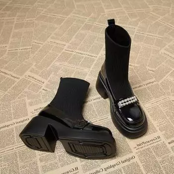 ботинки Martin на толстой подошве женские тонкие сапоги на высоком каблуке с жемчужным узором сапоги на толстом каблуке с эластичной резинкой осенняя и зимняя одежда мода и досуг 35