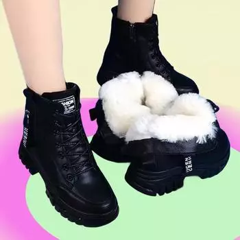 Ботинки Martin, осенние и зимние толстые плюшевые зимние ботинки, женская обувь, нескользящие, водонепроницаемые, теплые кожаные ботинки 35 чёрный