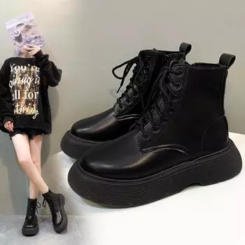 Ботинки Martin с круглым носком женские 2025 новые в иностранном стиле короткие ботинки в британском стиле осенняя женская обувь маленькая на толстой подошве женская верхняя одежда 35 чёрный