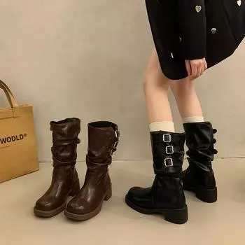 Ботинки Martin с пряжкой на ремне, женские, 2024, новые, ретро, модные, темпераментные, средние, ботинки на толстом каблуке, толстая подошва, модные ботинки прилив 35 чёрный