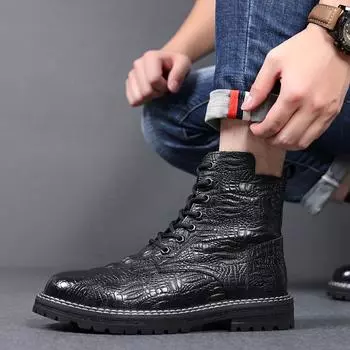 Ботинки martin с узором из крокодиловой кожи, мужские верхние слои из натуральной кожи из воловьей кожи, осенне-зимние новые кожаные туфли на мягкой подошве, мужская мода 38 чёрный