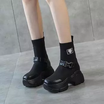 Ботинки Martin, увеличивающие внутреннюю высоту, женские, осень 2025, новые узкие ботинки, вязаные эластичные ботинки средней высоты, носки на платформе 34 хаки