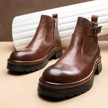 Ботинки Martin в британском стиле, мужские кожаные, ручной работы, с застежкой-молнией, на высокой платформе, короткие мужские ботинки из коровьей кожи в стиле «локомотив» 38 коричневый