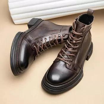 Ботинки Martin в стиле ретро на платформе, мужские кожаные туфли с высоким берцем на молнии, короткие британские ботинки из коровьей кожи, мужские мотоциклетные ботинки ручной работы 38 чёрный