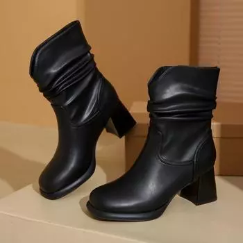 Ботинки Martin женские 2024 года в британском стиле короткие, с V-образным вырезом, на толстом каблуке, тонкие, со складками, короткие ботинки-локомотивы 34 чёрный