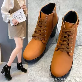 Ботинки Martin женские 2024 осень-зима с круглым носком на толстом каблуке короткие ботинки повседневные на высоком каблуке со шнуровкой сбоку молния модные универсальные трендовые 35 чёрный