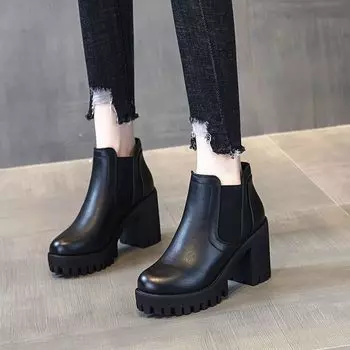 Ботинки Martin женские британский стиль 2025 осень и зима новые толстые каблуки на платформе модные универсальные короткие сапоги бархатные сапоги на высоком каблуке 35