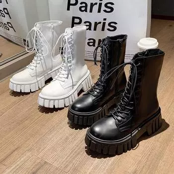 Ботинки Martin женские на толстой подошве с застежкой-молнией сбоку на шнуровке средние ботинки модные красивые локомотивные ботинки британские кожаные ботинки 35 чёрный