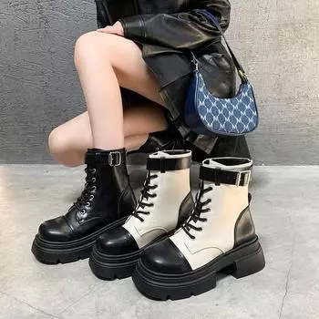 Ботинки Martin женские новые осенние толстые подошвы с круглым носком показывают стопу маленькие весенние и осенние короткие ботинки 35 чёрный