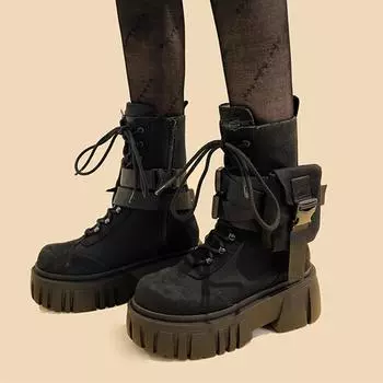Ботинки-мешки из натуральной кожи и нубука, женские, осенне-зимние, средней длины, с толстой подошвой, увеличивающей рост, стелькой, мотоциклетные ботинки 35 чёрный