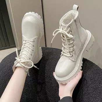 Ботинки мотоцикла из искусственной кожи на платформе, женские зимние, сохраняющие тепло, плюшевые, ботильоны, женские, модные, на молнии, на плоском каблуке, хлопковые, Botas Mujer 35