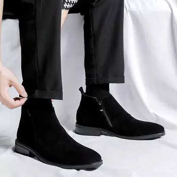 ботинки мужские 2024 осень зима теплые новые модные мужские ботинки трендовые уличные кожаные ботинки высокие мужские ботинки Botas De Hombre 38 чёрный