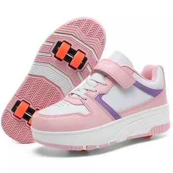 Ботинки на липучке для мальчиков/девочек, легко надевать и снимать, четырехколесные спортивные ботинки, колесные коньки, можно снимать, студенческая обувь для скейтбординга, спортивная обувь 29 фиолетовый/розовый
