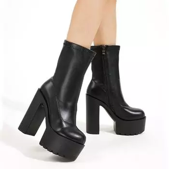 Ботинки на массивном носке на высоком каблуке, женские туфли на платформе, в готическом стиле, черные, из искусственной кожи с боковой молнией, женские модельные туфли, ботинки до середины икры для ночного клуба, белые 35 чёрный