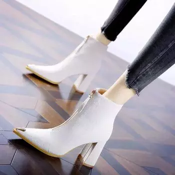 Ботинки на массивном высоком каблуке, новые женские осенние эластичные тонкие ботинки в корейском стиле на среднем каблуке, женские ботинки-носки с круглым носком, женская обувь на молнии, 2024 35