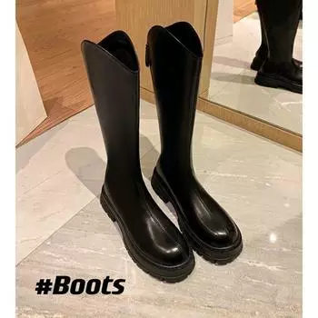 Ботинки на молнии Женские черные ботинки Высокие ботинки на толстой подошве Рыцарские ботинки Кожаные ботинки 40 чёрный