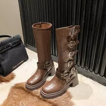 Ботинки на платформе Combat Boots Zip Chuny Heel Buckle Vintage Fashion Casual Luxury Designer Western Mid Calf Boots Shoes Woman 35