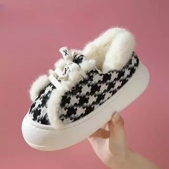 Ботинки на платформе, клетчатые хлопковые ботинки, женские зимние, с флисовой подкладкой, на платформе, теплые, толстые, хлопковые, для защиты от холода, женские ботинки из хлеба 36-37 чёрный