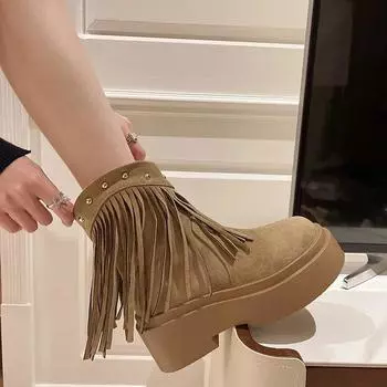 Ботинки на платформе с кисточками для женщин, осенне-зимние женские сапоги, замшевые, с круглым носком, на толстом высоком каблуке, короткие женские сапоги в стиле ретро 35 чёрный