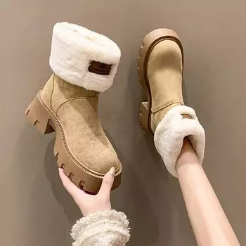 Ботинки на платформе женские зимние 2024 года новые утепленные и морозостойкие ботильоны женские модные удобные нескользящие короткие плюшевые хлопковые ботинки 35 чёрный