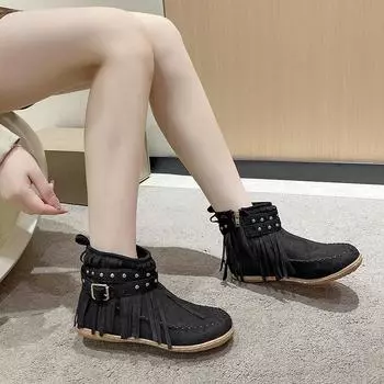 Ботинки на плоской подошве с бахромой в стиле ретро 36 чёрный