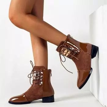 Ботинки на плоской подошве с ремешками и толстым каблуком, женские, осень-зима, на молнии, ботильоны для женщин, кожаные, в стиле пэчворк, с квадратным носком, Botas Mujer 36
