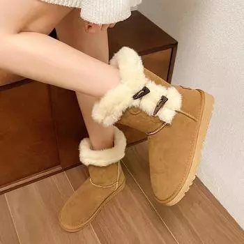 Ботинки на среднем каблуке, плюшевые ботинки для женщин, Австралия, зимняя обувь, женская обувь, круглый носок, мех, плоская подошва, зимняя обувь, середина голени, кожа, резина 35