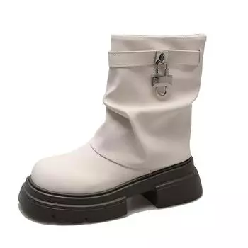 Ботинки на среднем каблуке с круглым носком, роскошные дизайнерские ботинки для женщин, элегантные, в стиле Лолита, осенние, рок, женская мода, однотонные, без застежек, размер L 35