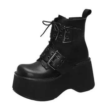 Ботинки на танкетке, современные, с застежкой-молнией и круглым носком, на высоком каблуке, женские туфли высокого качества, с пряжкой на ремне, зимние новинки, женские ботинки 35