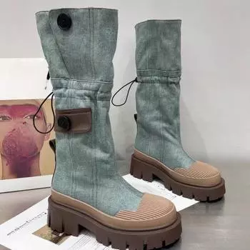 Ботинки на толстой платформе из ретро-денима для женщин 2024 года, осенние ковбойские сапоги в стиле вестерн с лоскутным узором, женские толстые каблуки до середины голени 35 джинсовый синий